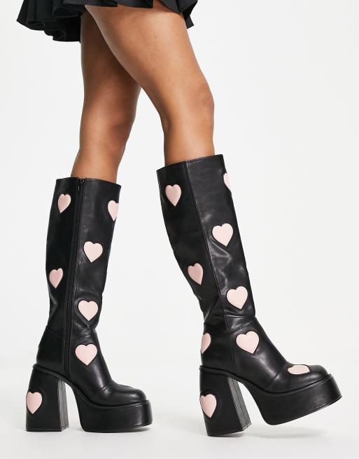 katolsk majs interview ASOS DESIGN Cobra chunky platform knee boots in black & heart print | ASOS