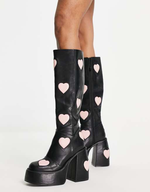 katolsk majs interview ASOS DESIGN Cobra chunky platform knee boots in black & heart print | ASOS