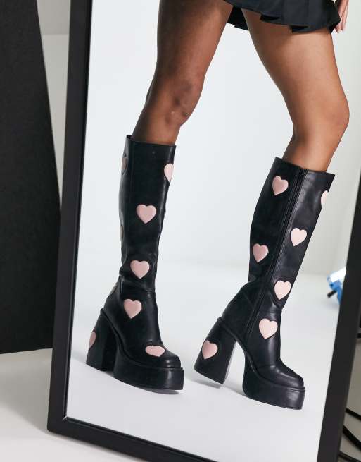 ASOS DESIGN Cobra chunky platform knee boots in black heart print