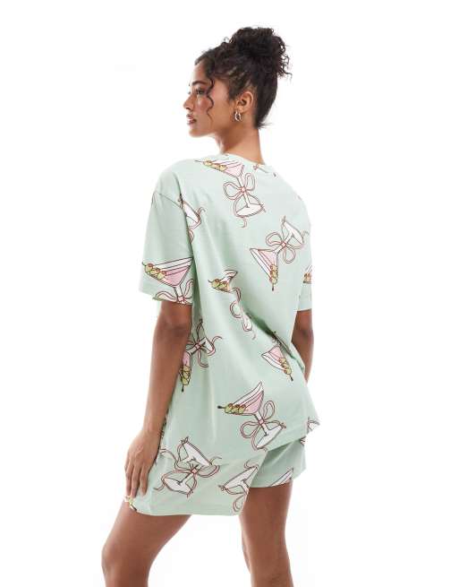 ASOS DESIGN cocktail glass oversized tee & shorts pajama set in green