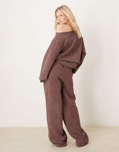 ASOS DESIGN cocoon leg trackies in acid washed brown (part of a set) - view 1