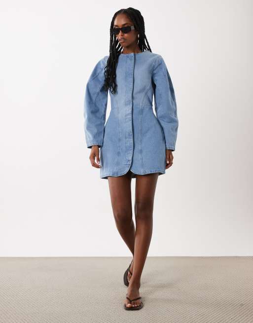 ASOS DESIGN cocoon sleeve cinch mini dress in midwash blue, 2 of 4