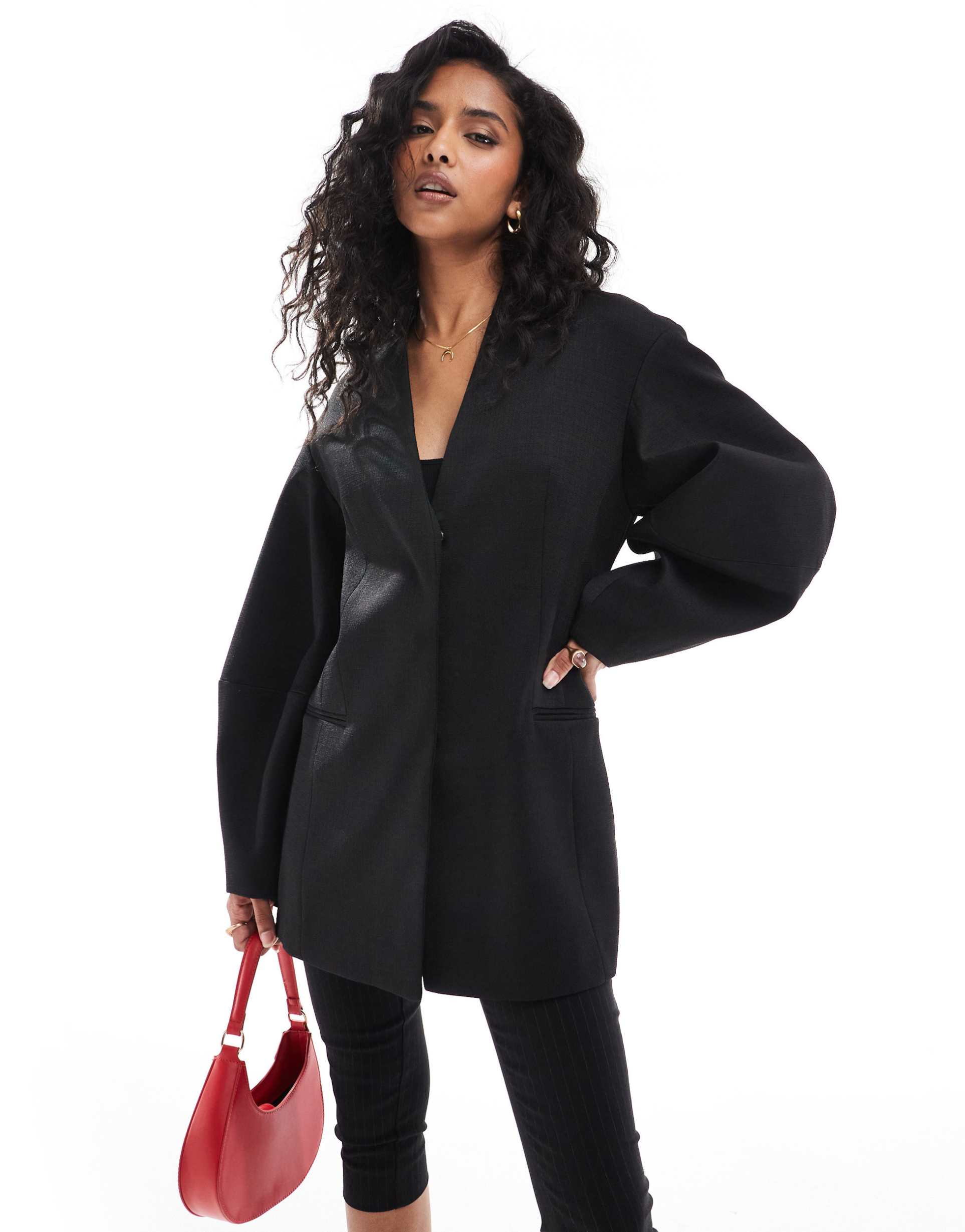 asos design cocoon sleeve collarless blazer in black