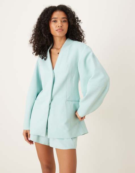 ASOS DESIGN cocoon sleeve collarless blazer co-ord in blue