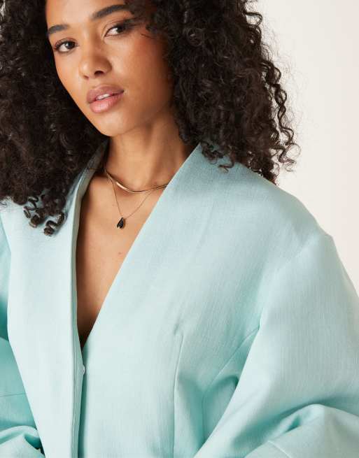 ASOS DESIGN cocoon sleeve collarless blazer in blue - part of a set