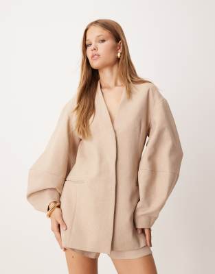 Asos Design Cocoon Sleeve Collarless Blazer In Brown