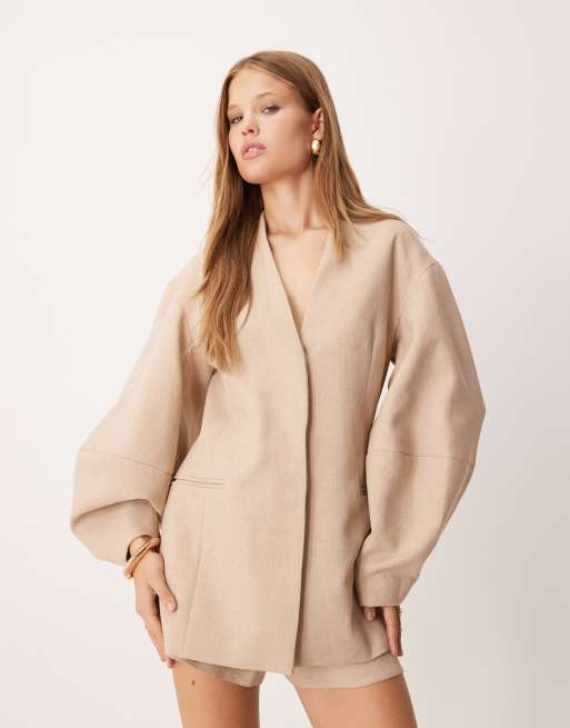 ASOS DESIGN cocoon sleeve collarless blazer in brown - part of a set
