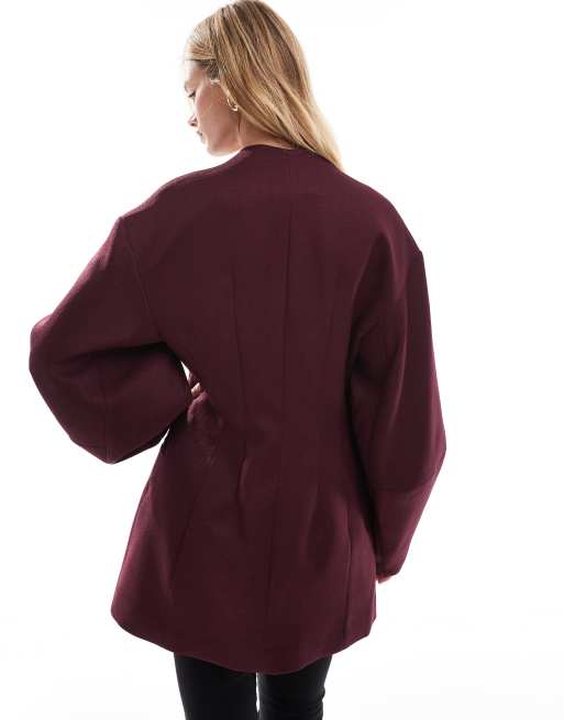ASOS DESIGN cocoon sleeve collarless blazer in burgundy