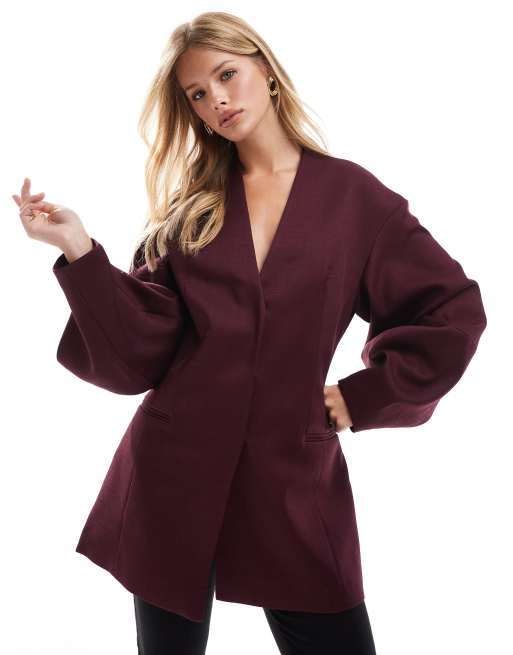 ASOS DESIGN cocoon sleeve collarless blazer in burgundy