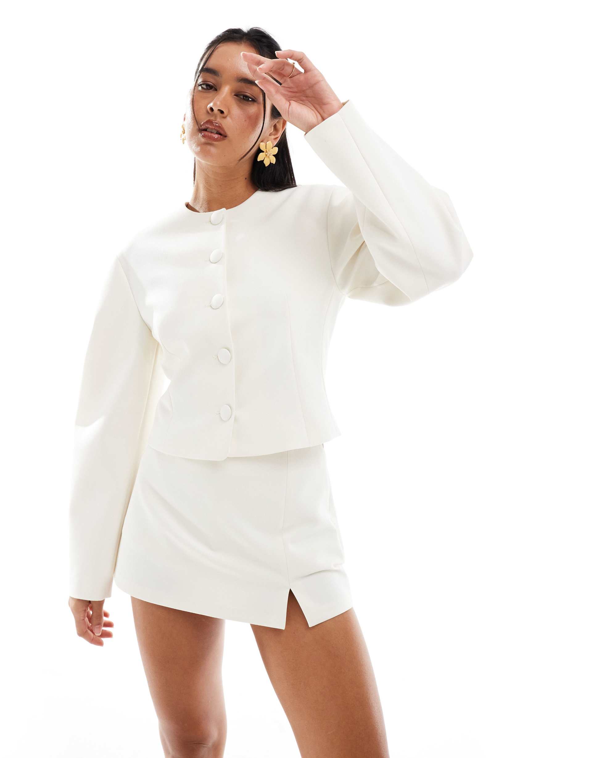 asos design cocoon sleeve collarless blazer in buttercream - part of a set