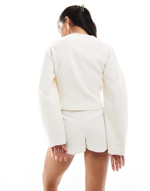 ASOS DESIGN cocoon sleeve collarless blazer in buttercream - part of a set, 2 of 4