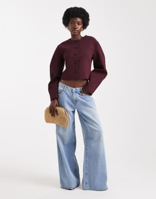 ASOS DESIGN cocoon sleeve collarless blazer in plum co ord | ASOS