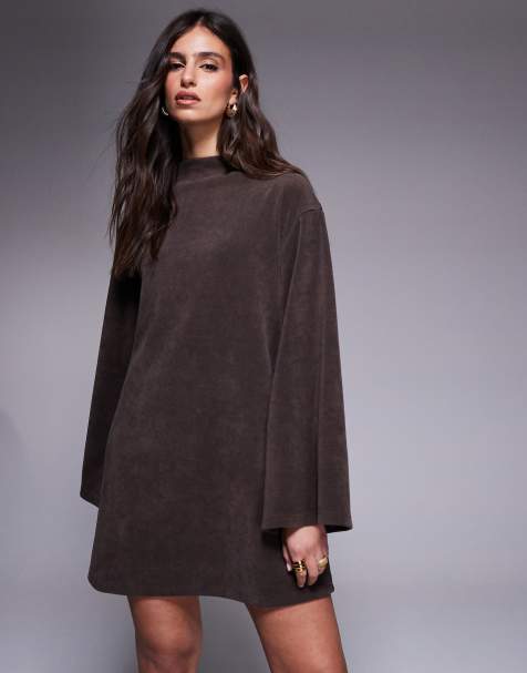 ASOS DESIGN cocoon sleeve cord mini dress in chocolate - view 1