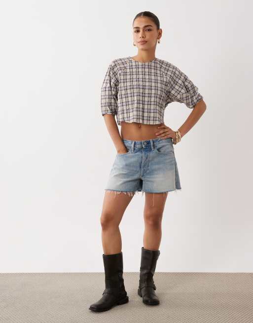 ASOS DESIGN cocoon sleeve crop blouse in brown check co ord, 2 of 4