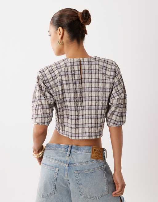 ASOS DESIGN cocoon sleeve crop blouse in brown check co ord, 4 of 4