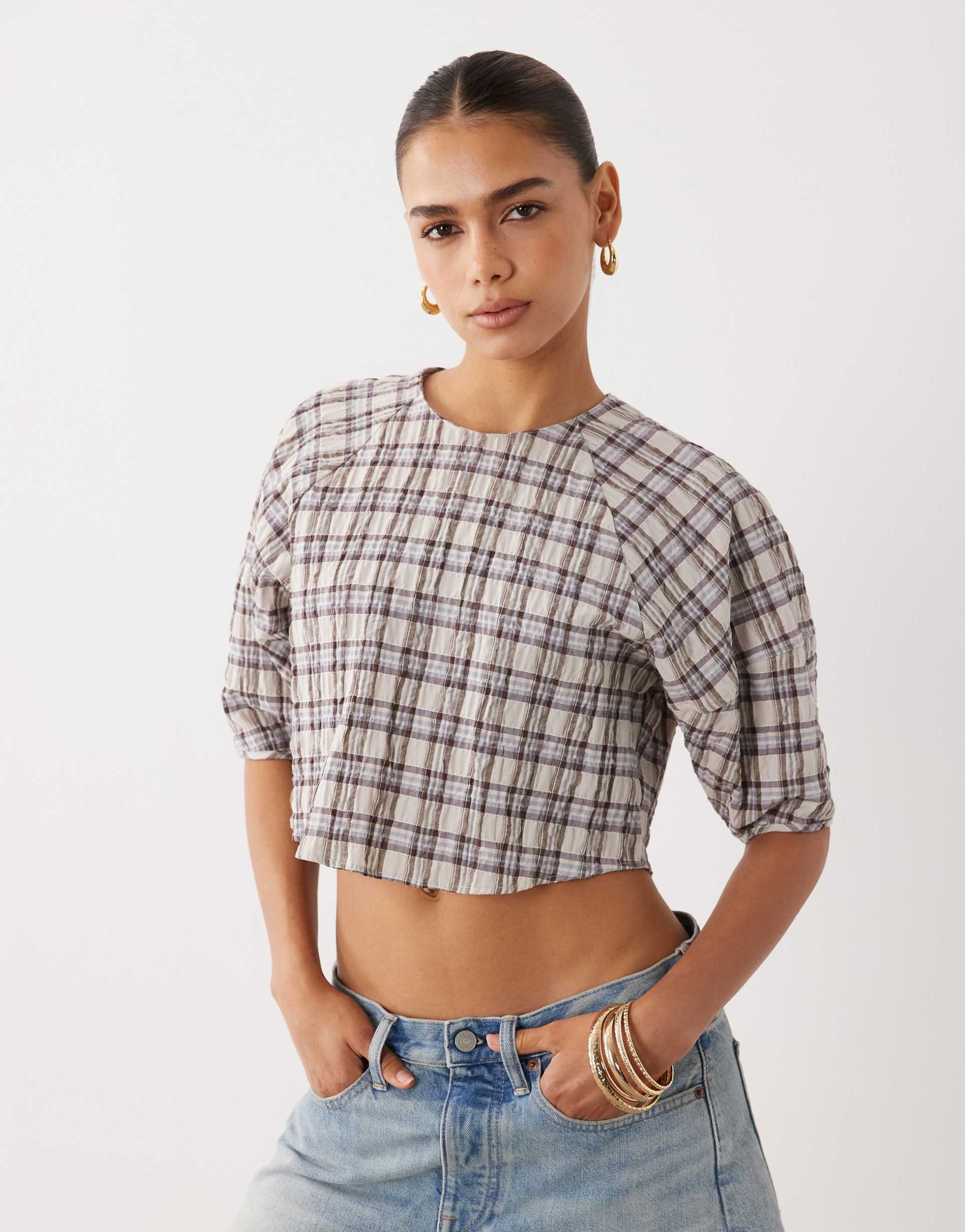 asos design cocoon sleeve crop blouse in brown plaid - part of a set
