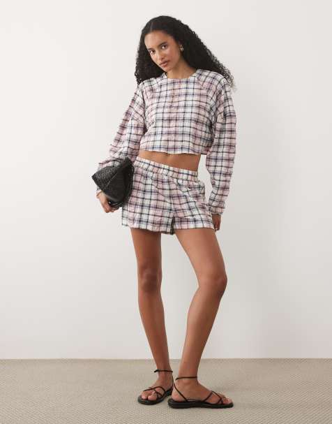 ASOS DESIGN cocoon sleeve cropped shirt in pink check set - view 1