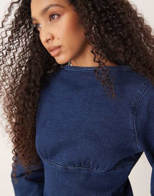 ASOS DESIGN cocoon sleeve denim mini dress in mid blue