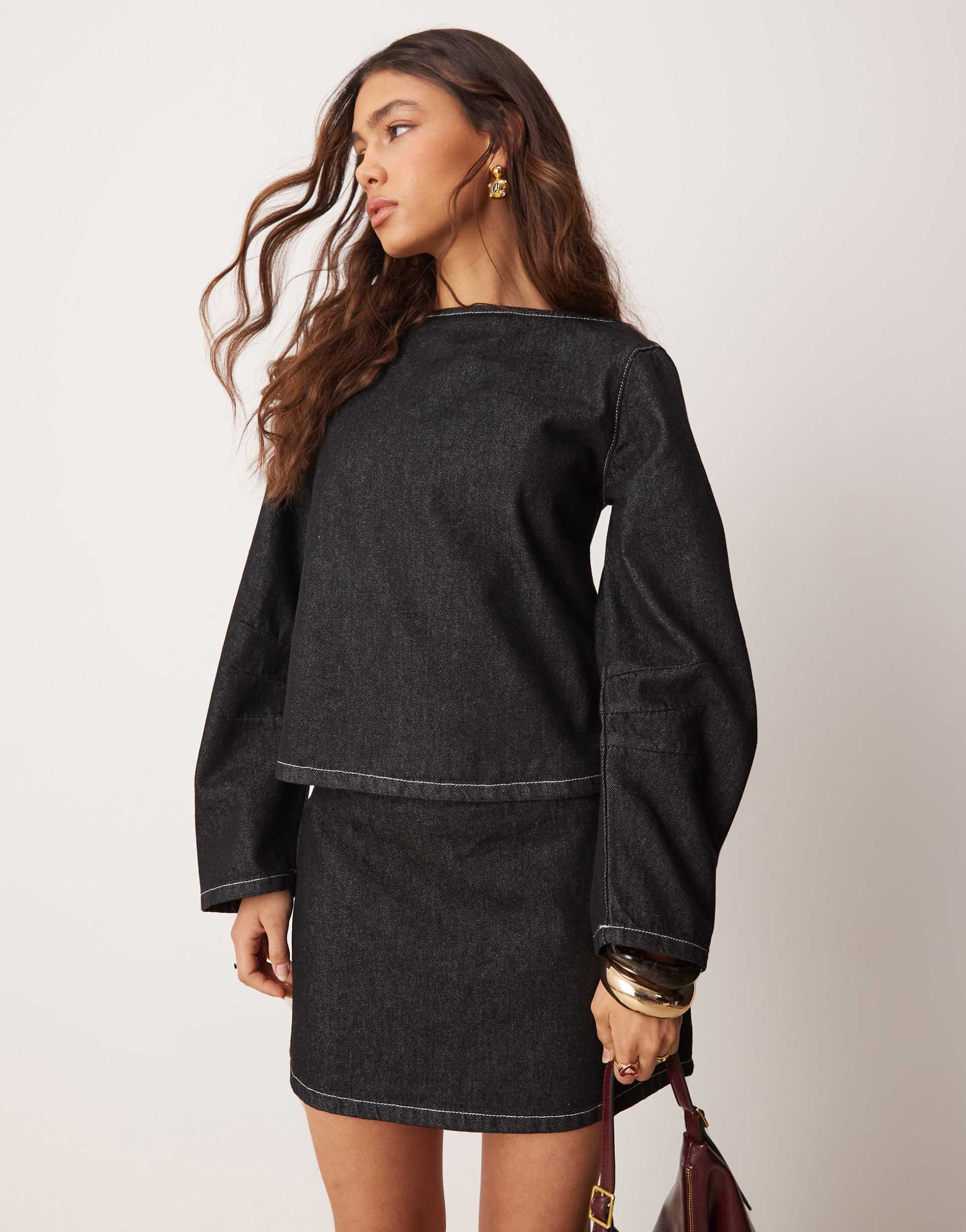 asos design cocoon sleeve denim top in black