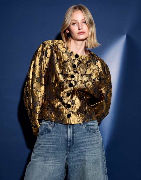 ASOS DESIGN cocoon sleeve jacket in gold jacquard - view 1