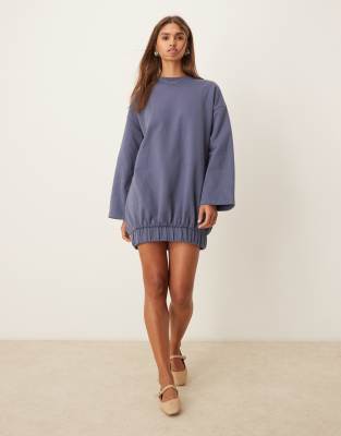 cocoon sleeve mini sweat dress in denim blue-Multi