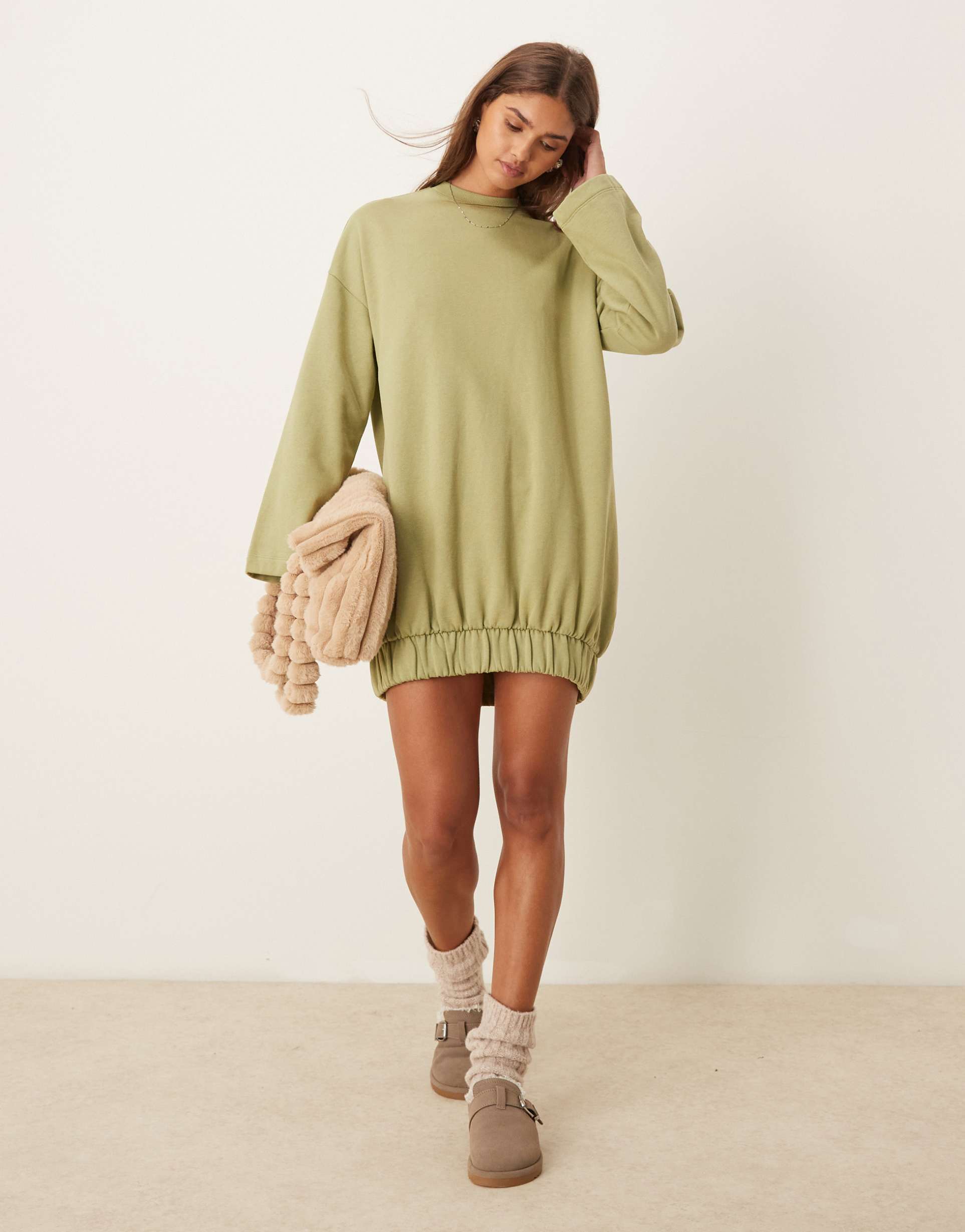 asos design cocoon sleeve mini sweatshirt dress in green