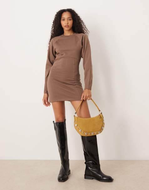 ASOS DESIGN cocoon sleeve seam detail mini sweat dress in brown - view 1