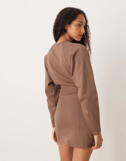 ASOS DESIGN cocoon sleeve seam detail mini sweatshirt dress in brown, 2 of 4