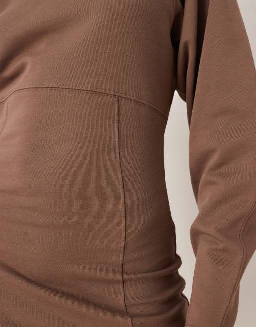 ASOS DESIGN cocoon sleeve seam detail mini sweatshirt dress in brown, 3 of 4