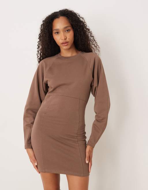 ASOS DESIGN cocoon sleeve seam detail mini sweatshirt dress in brown, 4 of 4