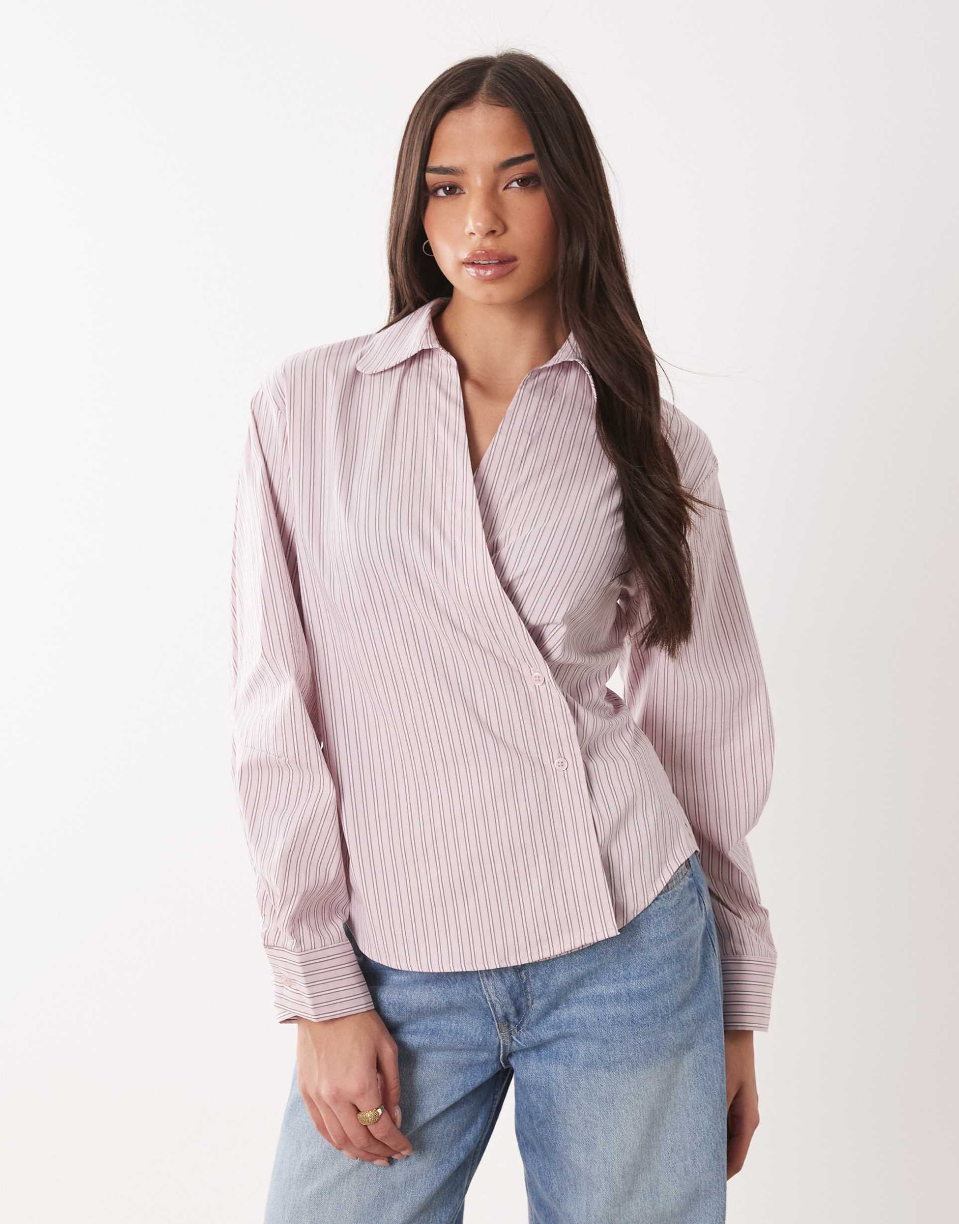 asos design cocoon sleeve shirt in pink pinstripe