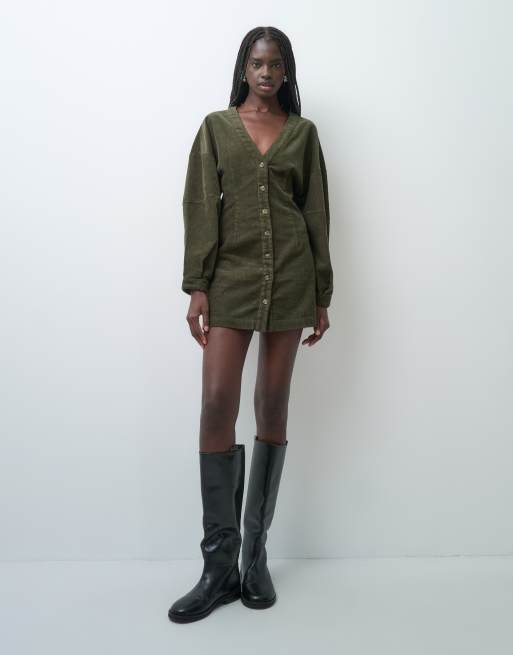 ASOS DESIGN cocoon sleeve v-neck shirt mini dress in cord in olive, 2 of 4