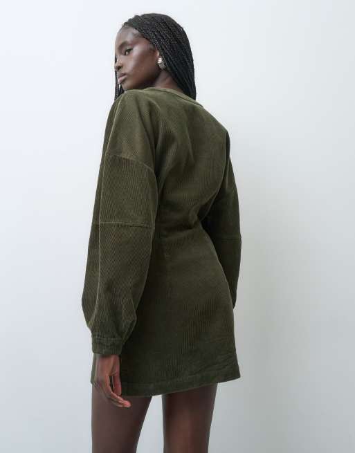 ASOS DESIGN cocoon sleeve v-neck shirt mini dress in cord in olive, 3 of 4
