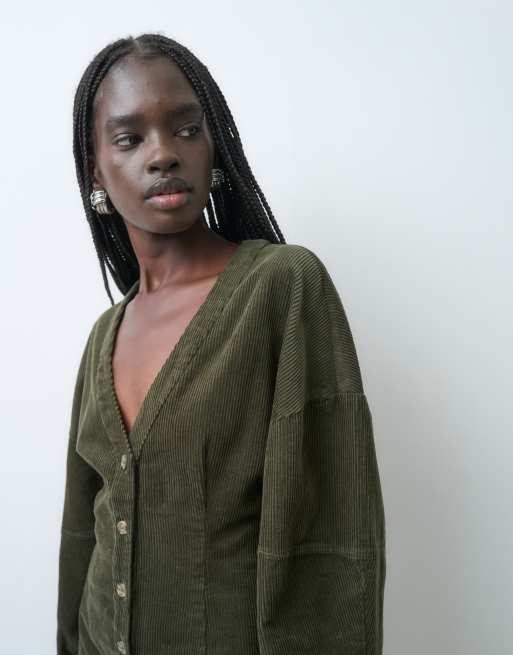 ASOS DESIGN cocoon sleeve v-neck shirt mini dress in cord in olive, 4 of 4