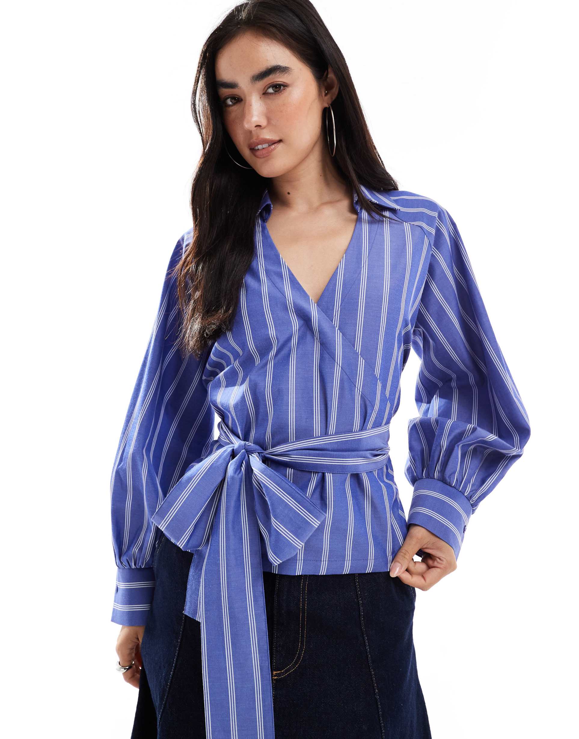 asos design cocoon sleeve wrap tie waist detail shirt in blue stripe