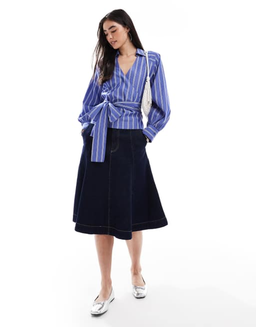ASOS DESIGN cocoon sleeve wrap tie waist detail shirt in blue stripe