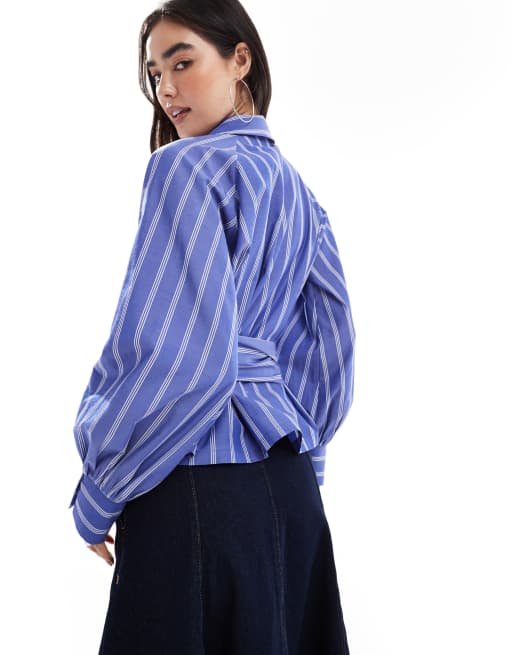 ASOS DESIGN cocoon sleeve wrap tie waist detail shirt in blue stripe