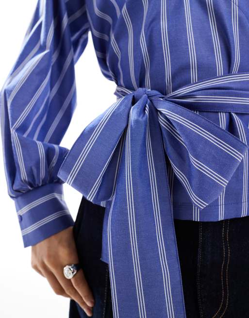 ASOS DESIGN cocoon sleeve wrap tie waist detail shirt in blue stripe