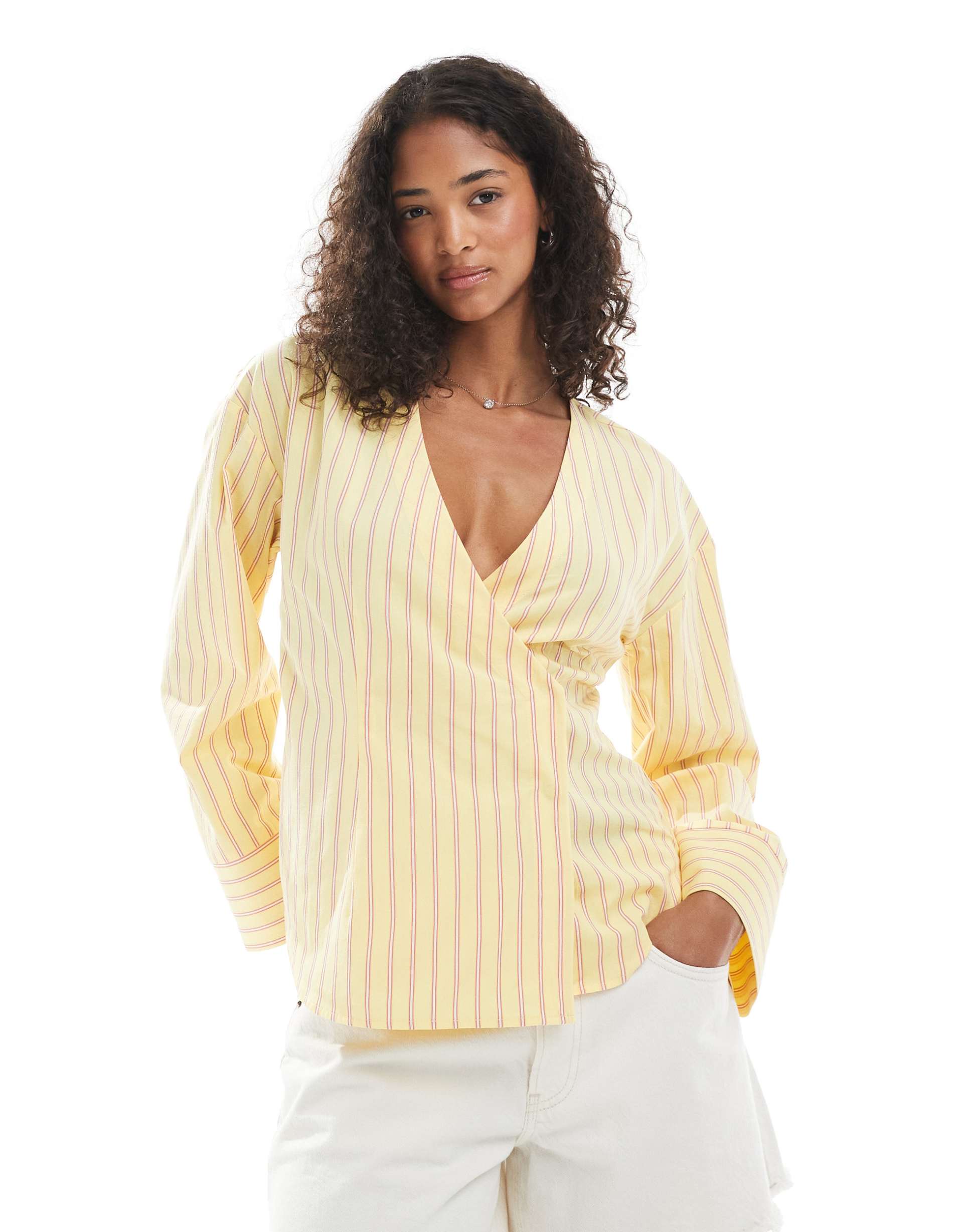 asos design cocoon sleeves collarless shirt in stripes