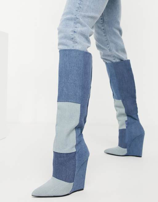 Tryk ned mindre Machu Picchu ASOS DESIGN Cody wedge heel knee boots in blue denim | ASOS