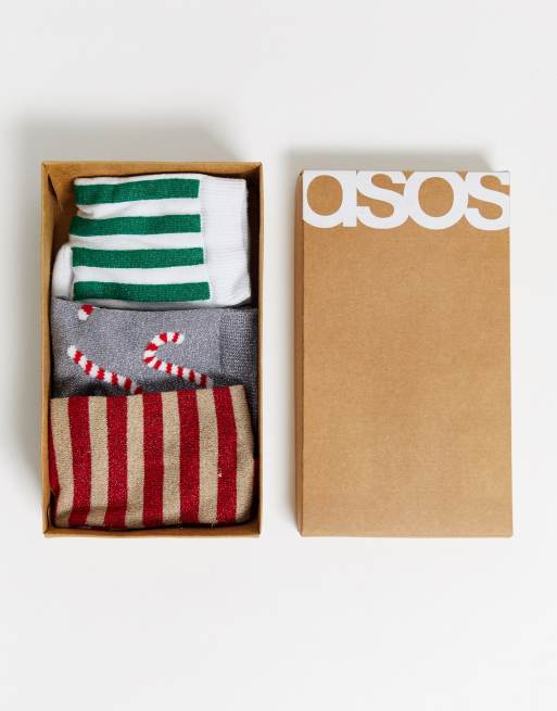 ASOS DESIGN - Coffret cadeau avec 3 paires de chaussettes pailletées à motif sucre d'orge - Multicolore