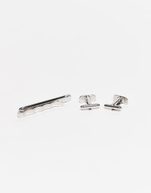 ASOS DESIGN - Coffret épingle de cravate et boutons de manchettes à détail ovale - Argenté brossé, 2 de 3