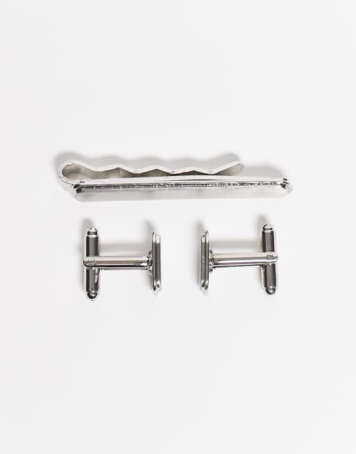 ASOS DESIGN - Coffret épingle de cravate et boutons de manchettes à détail ovale - Argenté brossé, 3 de 3