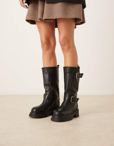 ASOS DESIGN Cohen multi-buckle leather knee boots in black - view 1