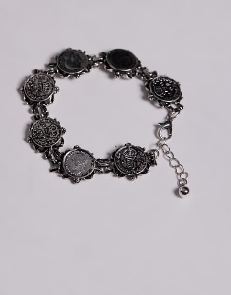 ASOS DESIGN coin pendant chain bracelet in silver tone - view 1