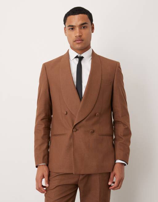 ASOS DESIGN - Colbert met normale pasvorm van katoen-linnenmix in bruin