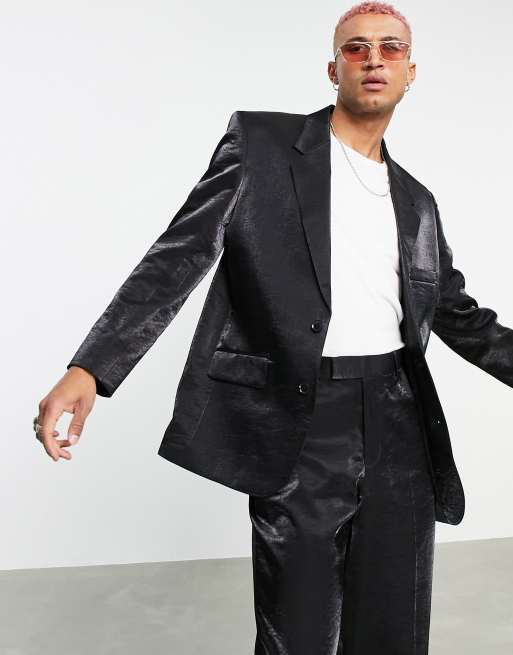 ASOS DESIGN - Colbert met power-schouders van hoogglans stof in zwart