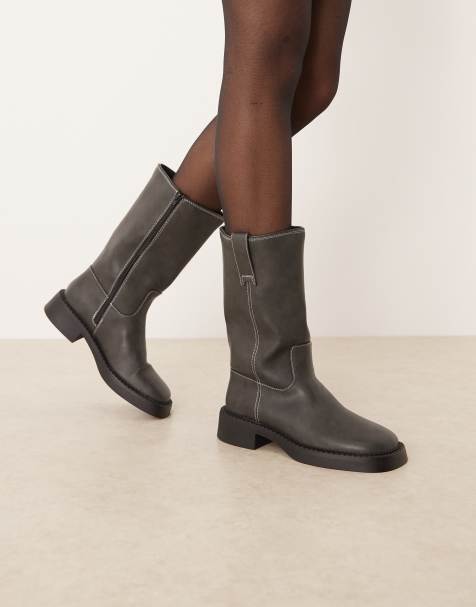 ASOS DESIGN – Colby – Vintagegrå, knähöga truckerboots i dra på-modell - view 1