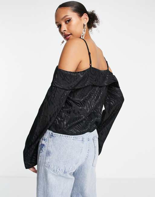 ASOS DESIGN cold shoulder blouse in black tiger jacquard