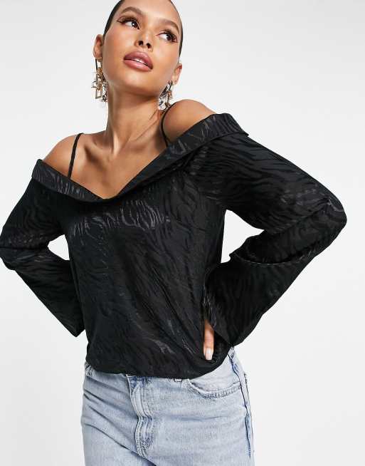 ASOS DESIGN cold shoulder top with puff sleeve in black